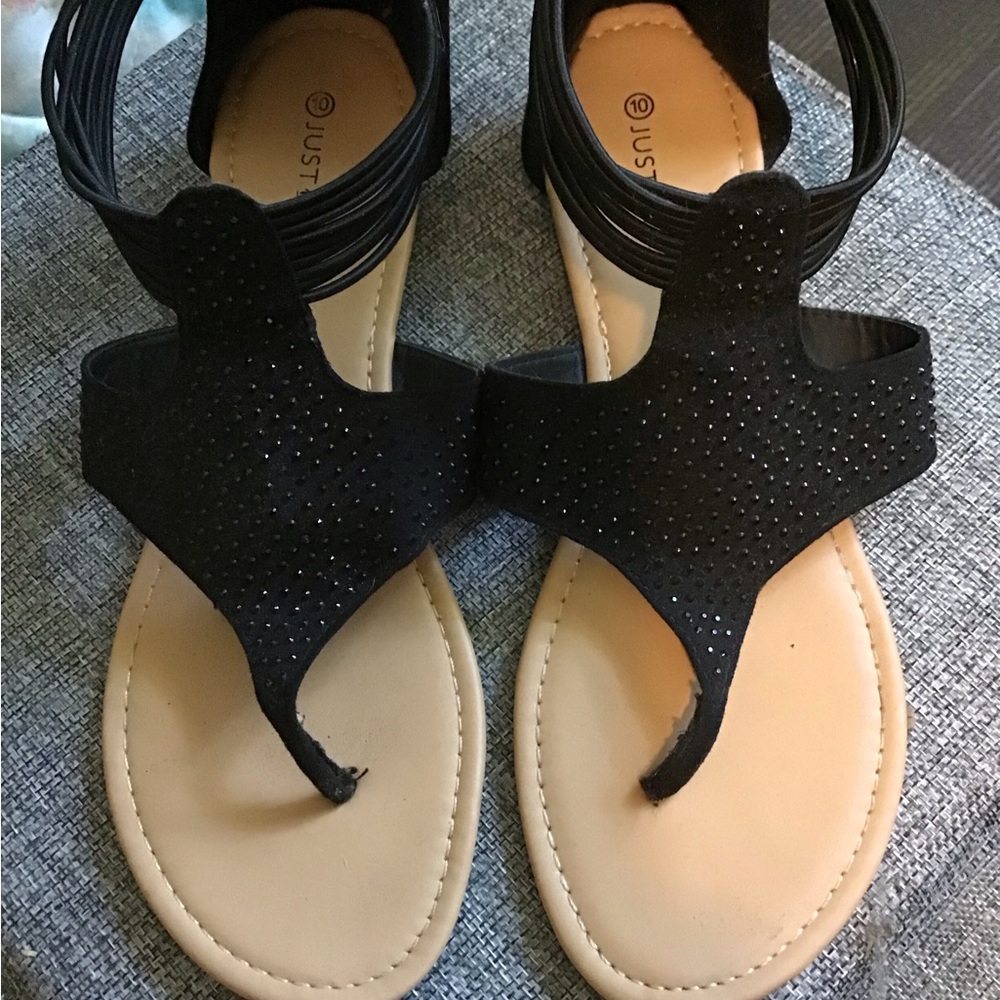 Just Be Black Rhinestone T-Strap Sandals with Elastic Ankle
